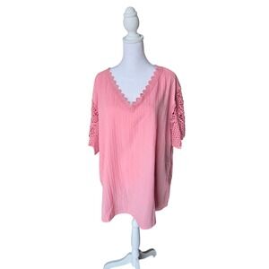 Finjani Coral Pink Crochet Lace V-Neck Blouse Textured Tunic Top Womens 2XL
